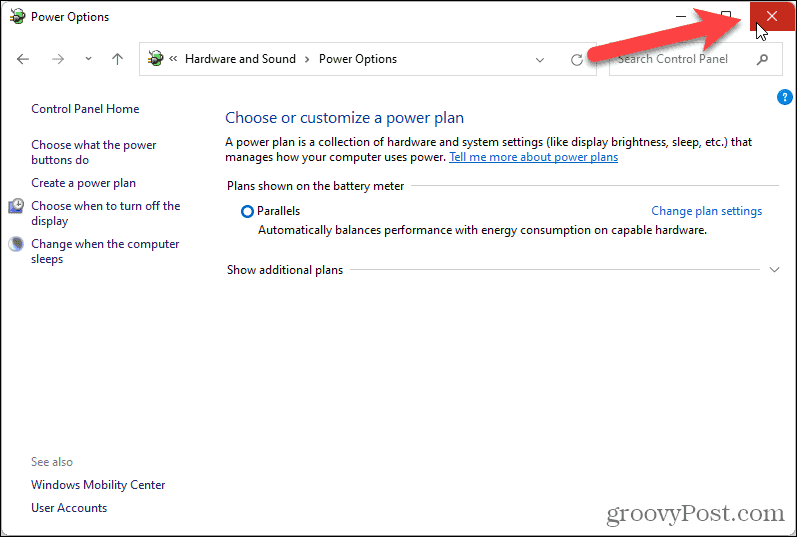 Tutup layar Opsi Daya di Panel Kontrol di Windows 11