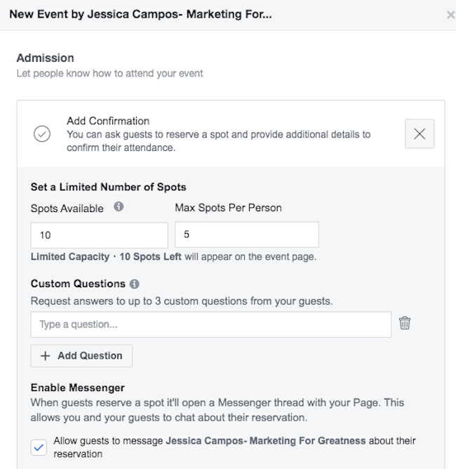 Aktifkan opsi Messenger untuk acara Facebook