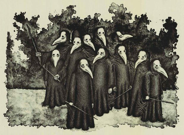 Ilustrasi metode perlindungan dari wabah, yang menyebar luas di abad pertengahan, orang-orang mencegah penyebaran bakteri dengan masker ini