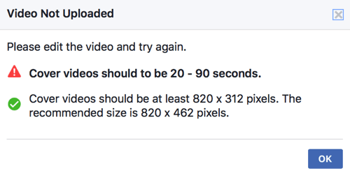 Jika video sampul Anda belum memenuhi standar teknis Facebook, Anda tidak akan dapat mengunggahnya langsung sebagai video sampul halaman Anda.