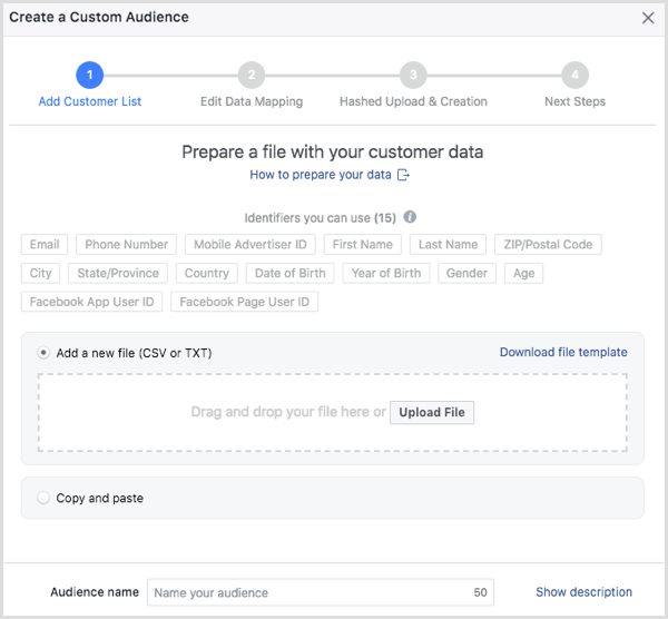 Pilih file pelanggan yang ingin Anda unggah ke Facebook.