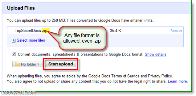 Tangkapan layar Google Documents - mengunggah zip