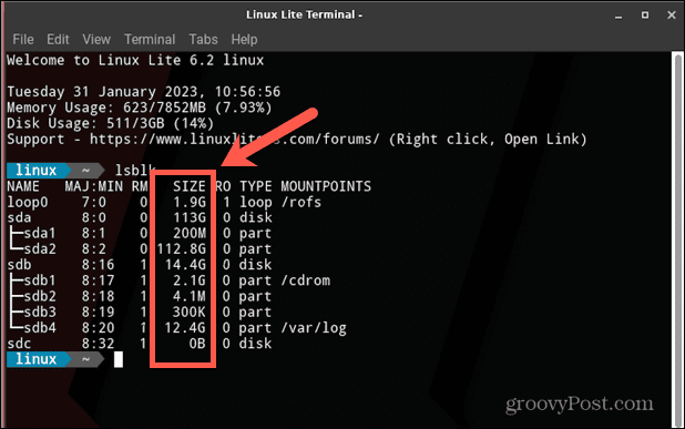 ukuran disk linux