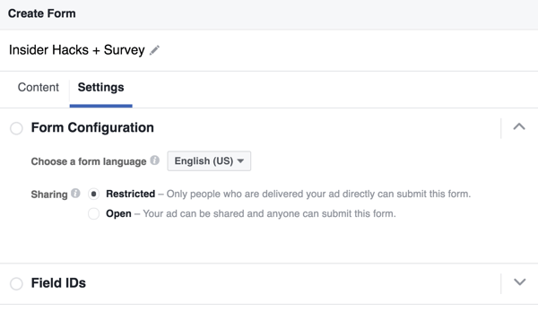 Anda dapat memilih bahasa untuk formulir prospek Facebook Anda.