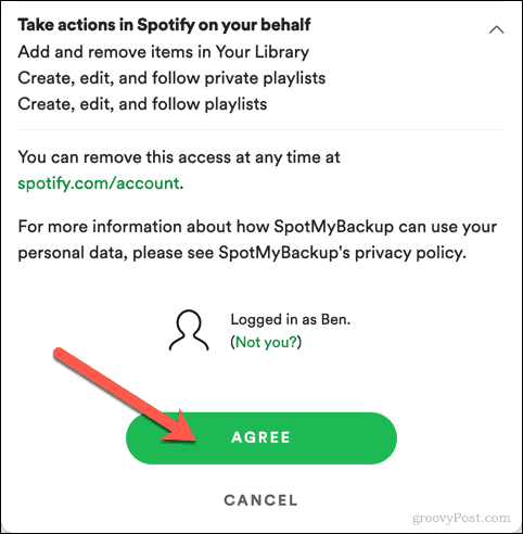Menyetujui akses SpotMyBackup ke Spotify