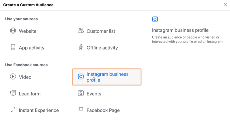 pilih Bisnis Instagram sebagai sumber untuk audiens kustom Facebook