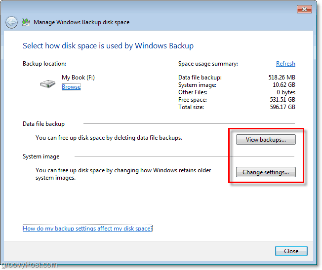 Windows 7 Backup - melihat cadangan Anda atau mengubah pengaturan untuk menyesuaikan ukuran