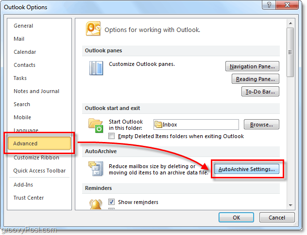Pengaturan Autoarchive lanjutan di Outlook 2010