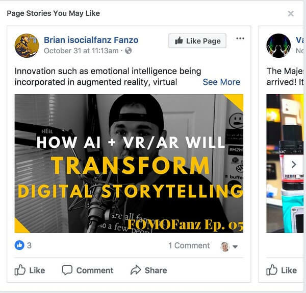 Facebook merekomendasikan "Halaman Cerita yang Mungkin Anda Suka" di antara postingan di Umpan Berita Anda.