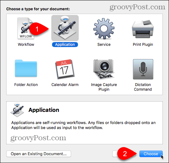 Pilih jenis Aplikasi di Automator untuk Mac