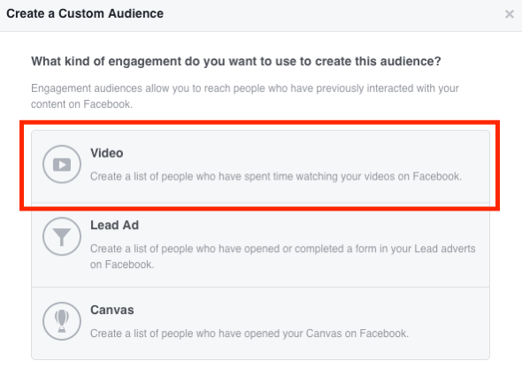 Pilih Video untuk audiens video kustom Facebook Anda.
