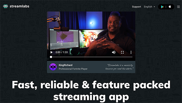 Ini adalah tangkapan layar dari situs web Streamlabs OBS. Nick Nimmin mengatakan untuk streaming langsung dengan beberapa kamera dan menampilkan grafik di layar, Anda memerlukan perangkat lunak pengkodean seperti Streamlabs OBS. Situs web memiliki latar belakang hitam dan menunjukkan contoh streaming langsung KingRichard menggunakan perangkat lunak. Teks di bawah contoh ini berwarna putih dan bertuliskan "Aplikasi streaming yang cepat, andal & penuh fitur".