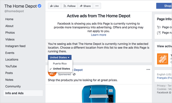 Pilih wilayah dari menu drop-down untuk melihat semua iklan yang sedang dijalankan halaman Facebook, baik secara global atau di negara tertentu.