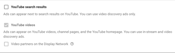 Cara menyiapkan kampanye iklan YouTube, langkah 11, mengatur opsi tampilan jaringan