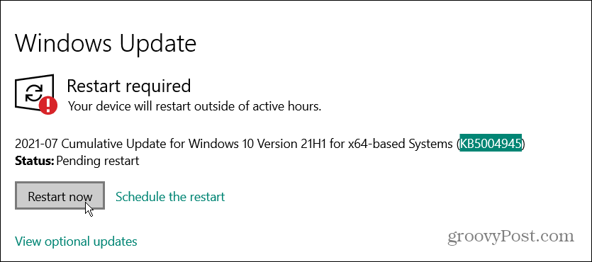 mulai ulang Pembaruan Darurat Windows 10
