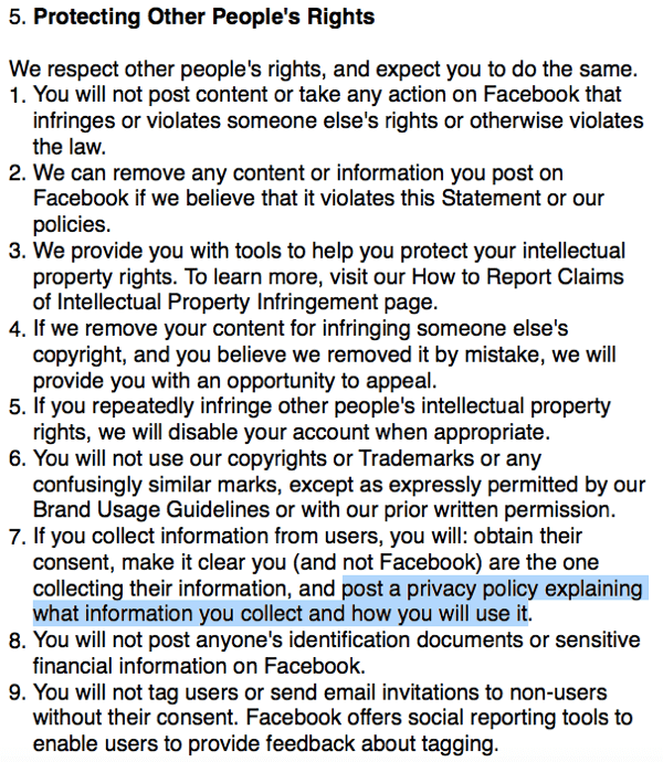 Ketentuan Facebook menguraikan persyaratan kebijakan privasi.