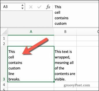 Membungkus teks di Excel menggunakan jeda baris.