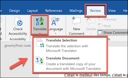 Opsi untuk menerjemahkan dokumen Word