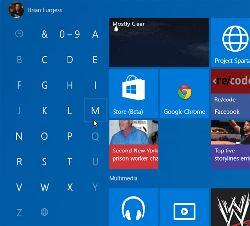 aplikasi dengan huruf pertama Windows 10 Mulai