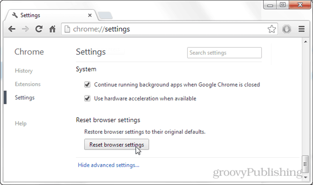 atur ulang pengaturan browser
