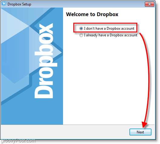 Tangkapan layar Dropbox - pilih untuk membuat akun baru
