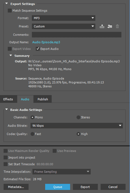 Ekspor audio Anda sebagai file MP3 di Adobe Premiere.