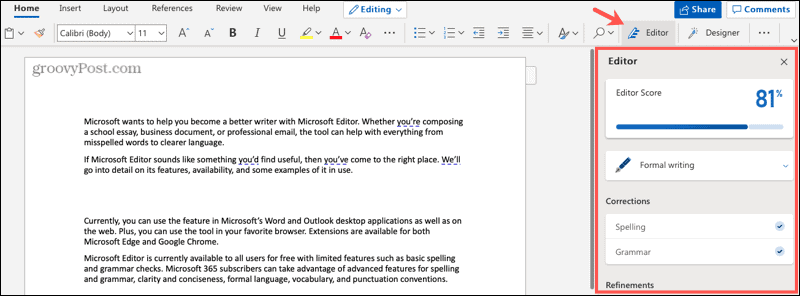 Editor Microsoft di Word di web