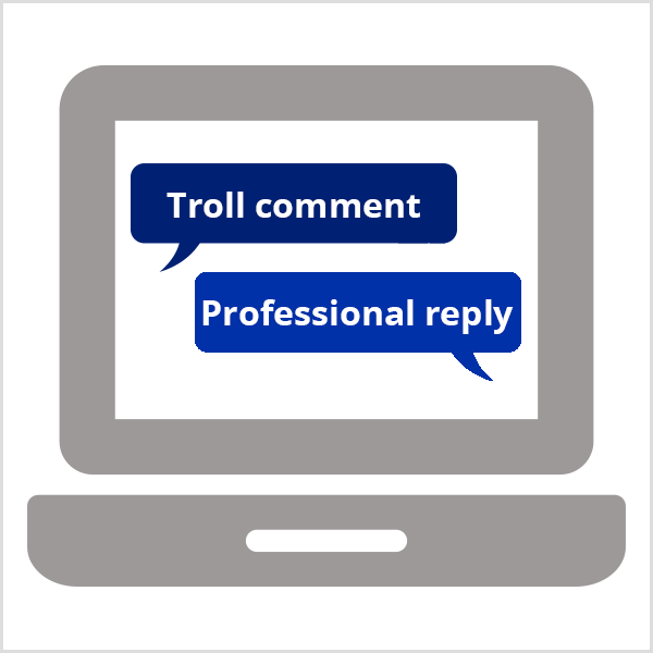 Tanggapi komentar troll dengan satu balasan profesional. Ilustrasi menunjukkan laptop abu-abu terbuka ke layar dengan gelembung ucapan biru tua yang bertuliskan komentar Troll dan gelembung ucapan biru tua yang bertuliskan Balasan Profesional.