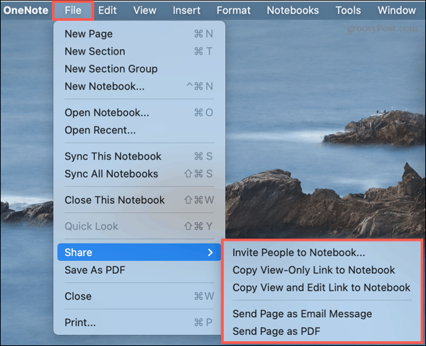 Bagikan opsi di OneNote di Mac