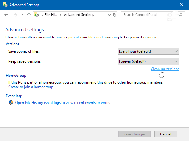 Bersihkan Versi Windows 10 Riwayat File