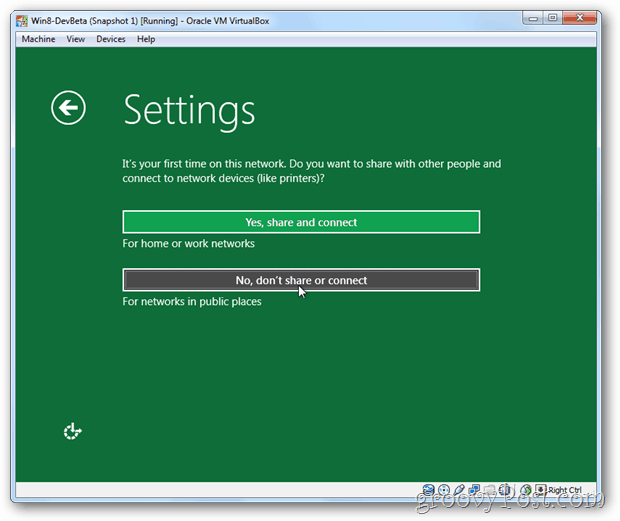 VirtualBox Windows 8 menginstal berbagi pengaturan atau tidak berbagi pengaturan?