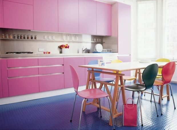 dekorasi dapur merah muda biru