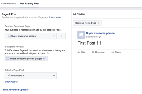 Pilih postingan yang ingin Anda tingkatkan di Facebook.