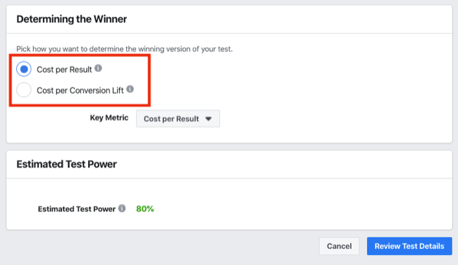 Menentukan bagian Pemenang tes A / B untuk Eksperimen Facebook