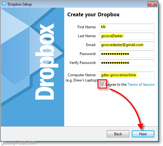 Tangkapan layar Dropbox - masukkan informasi akun Anda