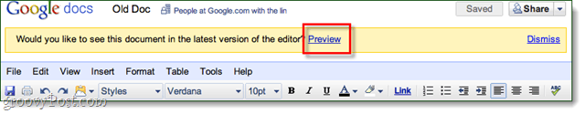pratinjau dokumen Google lama di editor baru