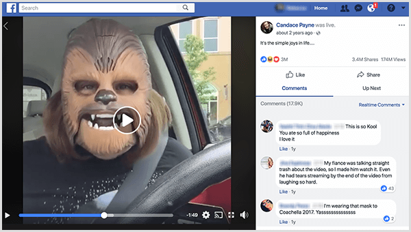 Candace Payne tampil di Facebook dengan topeng Chewbacca dari tempat parkir Kohl. Pada saat tangkapan layar ini diambil, videonya telah dibagikan 3,4 juta kali dan ditonton 174 juta kali.