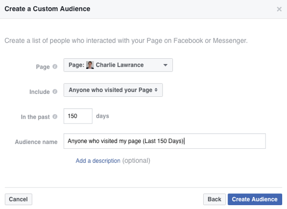 Untuk membuat audiens kustom Facebook Anda, pilih Siapapun yang Mengunjungi Halaman Anda dari daftar drop-down Sertakan.