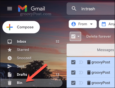 Membuka folder Sampah (Bin) di Gmail