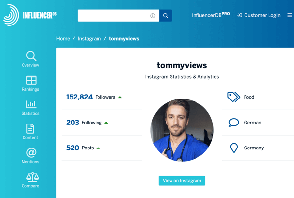 Cara merekrut influencer sosial berbayar, contoh profil InfluencerDB untuk tommyviews