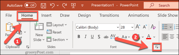 Mengakses menu opsi Font di PowerPoint di Windows