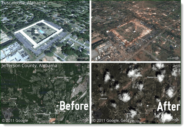 Lihat Setelah Pengaruh Tornado Alabama Terbaru melalui Picasa Google Earth