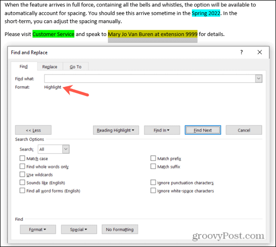 Temukan semua sorotan teks di Word