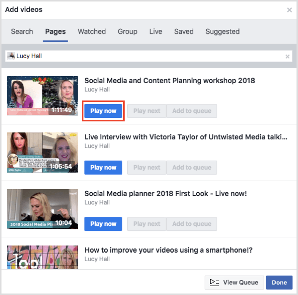 Klik Mainkan Sekarang untuk mulai memutar video selama pesta menonton Facebook Anda.