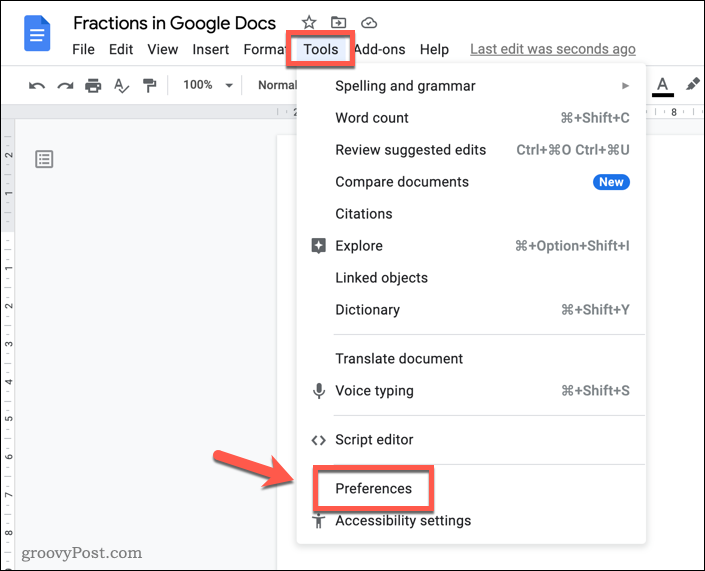 Membuka menu preferensi Google Documents