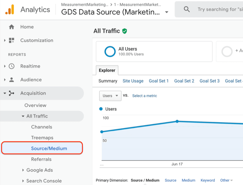 menu google analytics yang menampilkan laporan sumber / media di bawah semua lalu lintas yang sedang diakuisisi