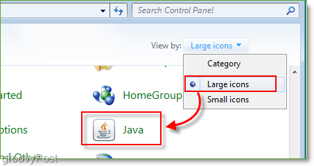 Tangkapan layar: Peluncuran Panel Kontrol Windows 7 Java
