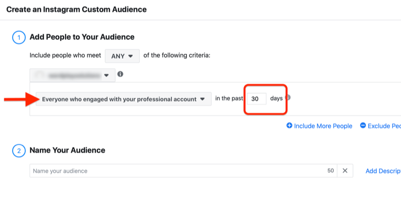 menu untuk membuat audiens khusus instagram dengan opsi untuk menambahkan orang yang terlibat dengan akun profesional Anda dalam 30 hari terakhir