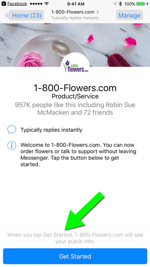 Mengirim pesan ke 1-800-Flowers.com melalui halaman Facebook mereka memudahkan pengguna untuk menjadi pelanggan.