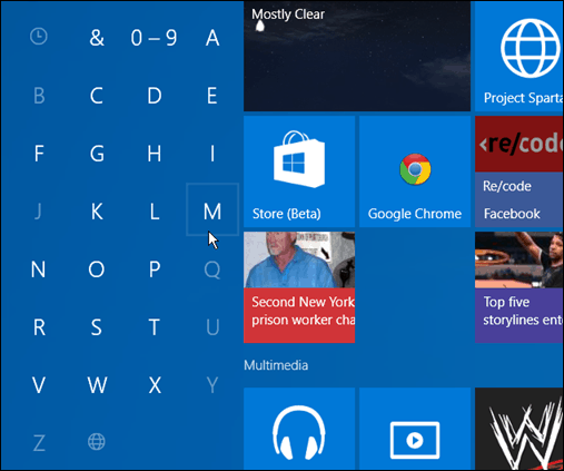 Cari aplikasi huruf pertama Windows 10